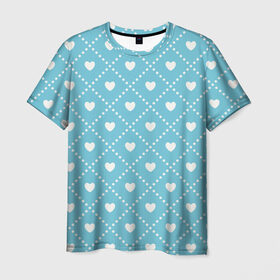 Мужская футболка 3D с принтом Белые сердечки на голубом фоне в Санкт-Петербурге, 100% полиэфир | прямой крой, круглый вырез горловины, длина до линии бедер | Тематика изображения на принте: белый | квадраты | многоугольники. точки | ромбы | сердце | узор | фон