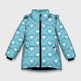 Зимняя куртка для девочек 3D с принтом Белые сердечки на голубом фоне в Санкт-Петербурге, ткань верха — 100% полиэстер; подклад — 100% полиэстер, утеплитель — 100% полиэстер. | длина ниже бедра, удлиненная спинка, воротник стойка и отстегивающийся капюшон. Есть боковые карманы с листочкой на кнопках, утяжки по низу изделия и внутренний карман на молнии. 

Предусмотрены светоотражающий принт на спинке, радужный светоотражающий элемент на пуллере молнии и на резинке для утяжки. | белый | квадраты | многоугольники. точки | ромбы | сердце | узор | фон