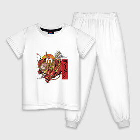 Детская пижама хлопок с принтом Красный Дракон Рамен в Санкт-Петербурге, 100% хлопок |  брюки и футболка прямого кроя, без карманов, на брюках мягкая резинка на поясе и по низу штанин
 | Тематика изображения на принте: anime | art | bowl | japan | kanji | manga | ramen | red dragon | soup | аниме про еду | аниме про рамен | анимешник | арт | боул | иероглифы | йероглифы | кандзи | кафе из другого мира | китайский дракон | лапша | манга | миска