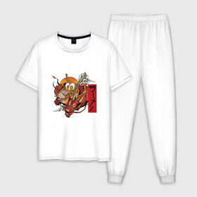 Мужская пижама хлопок с принтом Красный Дракон Рамен в Санкт-Петербурге, 100% хлопок | брюки и футболка прямого кроя, без карманов, на брюках мягкая резинка на поясе и по низу штанин
 | anime | art | bowl | japan | kanji | manga | ramen | red dragon | soup | аниме про еду | аниме про рамен | анимешник | арт | боул | иероглифы | йероглифы | кандзи | кафе из другого мира | китайский дракон | лапша | манга | миска