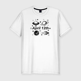 Мужская футболка хлопок Slim с принтом 12 апреля - День Космонавтики в Санкт-Петербурге, 92% хлопок, 8% лайкра | приталенный силуэт, круглый вырез ворота, длина до линии бедра, короткий рукав | 12 апреля | астероид | космонавтика | космос | летающая тарелка | планета | ракета | сатурн