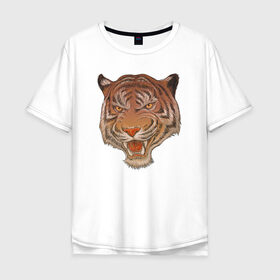 Мужская футболка хлопок Oversize с принтом Голова тигра в Санкт-Петербурге, 100% хлопок | свободный крой, круглый ворот, “спинка” длиннее передней части | голова тигра | животное | клыки | крупные кошки | пасть | тигр | хищник