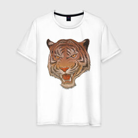 Мужская футболка хлопок с принтом Голова тигра в Санкт-Петербурге, 100% хлопок | прямой крой, круглый вырез горловины, длина до линии бедер, слегка спущенное плечо. | голова тигра | животное | клыки | крупные кошки | пасть | тигр | хищник