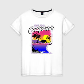 Женская футболка хлопок с принтом California в Санкт-Петербурге, 100% хлопок | прямой крой, круглый вырез горловины, длина до линии бедер, слегка спущенное плечо | california | coast | загар | закат | калифорния | медведь | море | отдых | пляж