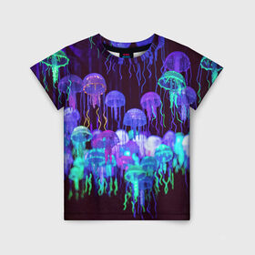 Детская футболка 3D с принтом Неоновые медузы в Санкт-Петербурге, 100% гипоаллергенный полиэфир | прямой крой, круглый вырез горловины, длина до линии бедер, чуть спущенное плечо, ткань немного тянется | вода | животные | медузы | неон | неоновые
