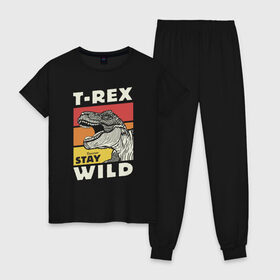 Женская пижама хлопок с принтом T-rex wild в Санкт-Петербурге, 100% хлопок | брюки и футболка прямого кроя, без карманов, на брюках мягкая резинка на поясе и по низу штанин | dino | t rex | wild | дино | динозавр | закат | зверь | хищник