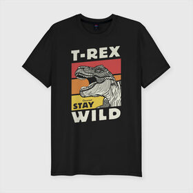 Мужская футболка хлопок Slim с принтом T-rex wild в Санкт-Петербурге, 92% хлопок, 8% лайкра | приталенный силуэт, круглый вырез ворота, длина до линии бедра, короткий рукав | dino | t rex | wild | дино | динозавр | закат | зверь | хищник