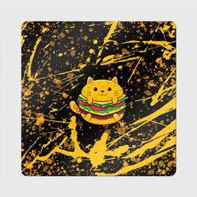 Магнит виниловый Квадрат с принтом Котобургер в Санкт-Петербурге, полимерный материал с магнитным слоем | размер 9*9 см, закругленные углы | брызги | булка | бургер кот | буттерброд | гамбургер | желтый | котенок | котик | котобургер | краски | оранжевый | сендвич | фаст фуд | чизбургер