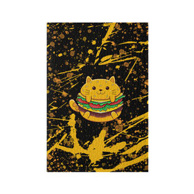 Обложка для паспорта матовая кожа с принтом Котобургер в Санкт-Петербурге, натуральная матовая кожа | размер 19,3 х 13,7 см; прозрачные пластиковые крепления | брызги | булка | бургер кот | буттерброд | гамбургер | желтый | котенок | котик | котобургер | краски | оранжевый | сендвич | фаст фуд | чизбургер