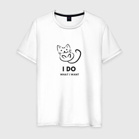 Мужская футболка хлопок с принтом I Do What I Want в Санкт-Петербурге, 100% хлопок | прямой крой, круглый вырез горловины, длина до линии бедер, слегка спущенное плечо. | Тематика изображения на принте: cat | cats | text | кот | кошка | кошки | надпись | текст