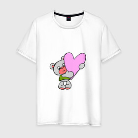 Мужская футболка хлопок с принтом Плюшевый Мишка с сердцем  в Санкт-Петербурге, 100% хлопок | прямой крой, круглый вырез горловины, длина до линии бедер, слегка спущенное плечо. | животные | звери | игрушки | картинки | милые | мишка | плюшевый | популярные | прикольные | сердце