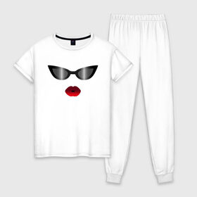 Женская пижама хлопок с принтом Черные очки с красными губами в Санкт-Петербурге, 100% хлопок | брюки и футболка прямого кроя, без карманов, на брюках мягкая резинка на поясе и по низу штанин | for stylish | gradient | kiss | lipstick | plump lips | red lips | градиент | для стильных | красные губы | модные очки | помада | поцелуй | пухлые губы | черные очки