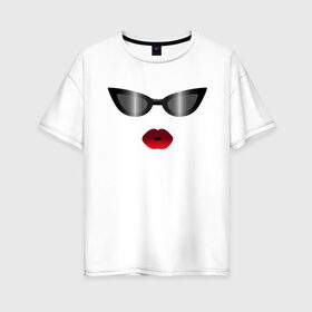 Женская футболка хлопок Oversize с принтом Черные очки с красными губами в Санкт-Петербурге, 100% хлопок | свободный крой, круглый ворот, спущенный рукав, длина до линии бедер
 | for stylish | gradient | kiss | lipstick | plump lips | red lips | градиент | для стильных | красные губы | модные очки | помада | поцелуй | пухлые губы | черные очки