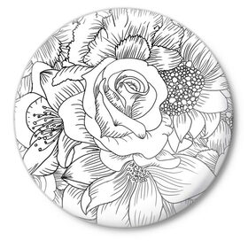 Значок с принтом Тату цветы в Санкт-Петербурге,  металл | круглая форма, металлическая застежка в виде булавки | белый | лилия | подсолнух | роза | тату | цветы | черный