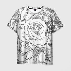 Мужская футболка 3D с принтом Тату цветы в Санкт-Петербурге, 100% полиэфир | прямой крой, круглый вырез горловины, длина до линии бедер | белый | лилия | подсолнух | роза | тату | цветы | черный