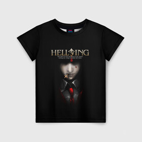 Детская футболка 3D с принтом Хелсинг в Санкт-Петербурге, 100% гипоаллергенный полиэфир | прямой крой, круглый вырез горловины, длина до линии бедер, чуть спущенное плечо, ткань немного тянется | алукард | аниме | вампир | крест | кровь | манга | хеллсинг | хелсинг
