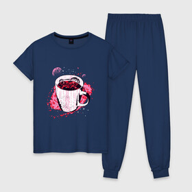 Женская пижама хлопок с принтом Космическая чашка кофе в Санкт-Петербурге, 100% хлопок | брюки и футболка прямого кроя, без карманов, на брюках мягкая резинка на поясе и по низу штанин | coffee | liquid | mily way | moon | morning | nebula | planet | space | symbol | внутри кружки | галактика | жидкость | код | космос | кружка | кружка с кофе | луна | млечный путь | планета | программист | символы | спутник sputnik | 