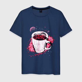 Мужская футболка хлопок с принтом Космическая чашка кофе в Санкт-Петербурге, 100% хлопок | прямой крой, круглый вырез горловины, длина до линии бедер, слегка спущенное плечо. | coffee | liquid | mily way | moon | morning | nebula | planet | space | symbol | внутри кружки | галактика | жидкость | код | космос | кружка | кружка с кофе | луна | млечный путь | планета | программист | символы | спутник sputnik | 