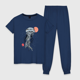 Женская пижама хлопок с принтом Космическая медуза в Санкт-Петербурге, 100% хлопок | брюки и футболка прямого кроя, без карманов, на брюках мягкая резинка на поясе и по низу штанин | art | elon musk | jellyfish | mars | medusa | meduza | moon | nasa | space | spacex | арт | астероид | в космосе | желе | иллюстрация | илон маск | космический дизайн | космос | луна | марс | медузник | на луне | наса | нло | сатурн | спей