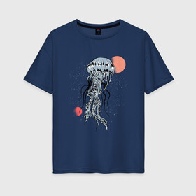 Женская футболка хлопок Oversize с принтом Космическая медуза в Санкт-Петербурге, 100% хлопок | свободный крой, круглый ворот, спущенный рукав, длина до линии бедер
 | art | elon musk | jellyfish | mars | medusa | meduza | moon | nasa | space | spacex | арт | астероид | в космосе | желе | иллюстрация | илон маск | космический дизайн | космос | луна | марс | медузник | на луне | наса | нло | сатурн | спей