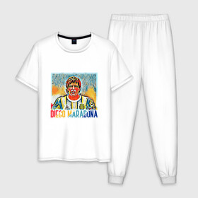 Мужская пижама хлопок с принтом Diego Maradona в Санкт-Петербурге, 100% хлопок | брюки и футболка прямого кроя, без карманов, на брюках мягкая резинка на поясе и по низу штанин
 | argentina | football | maradona | messi | аргентина | гол | диего | марадона | месси | мяч | рука бога | спорт | футбол | чемпион