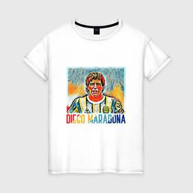Женская футболка хлопок с принтом Diego Maradona в Санкт-Петербурге, 100% хлопок | прямой крой, круглый вырез горловины, длина до линии бедер, слегка спущенное плечо | argentina | football | maradona | messi | аргентина | гол | диего | марадона | месси | мяч | рука бога | спорт | футбол | чемпион
