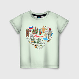 Детская футболка 3D с принтом Россия в Санкт-Петербурге, 100% гипоаллергенный полиэфир | прямой крой, круглый вырез горловины, длина до линии бедер, чуть спущенное плечо, ткань немного тянется | балалайка | балерина | матрешка | медведь | россия | храм василия блаженого