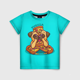 Детская футболка 3D с принтом Мопс с пиццей в Санкт-Петербурге, 100% гипоаллергенный полиэфир | прямой крой, круглый вырез горловины, длина до линии бедер, чуть спущенное плечо, ткань немного тянется | pizza | мопс с пиццей | пицца | пицца с колбасой | собака с пиццей
