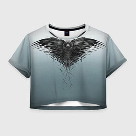 Женская футболка Crop-top 3D с принтом Crow в Санкт-Петербурге, 100% полиэстер | круглая горловина, длина футболки до линии талии, рукава с отворотами | ворон | крылья | меч | птица | чёрный