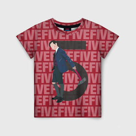 Детская футболка 3D с принтом FIVE FIVE FIVE в Санкт-Петербурге, 100% гипоаллергенный полиэфир | прямой крой, круглый вырез горловины, длина до линии бедер, чуть спущенное плечо, ткань немного тянется | umbrella academy | академия амбрелла | клаус харгривз | номер пять | роберт шиэн