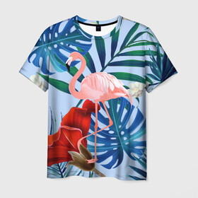 Мужская футболка 3D с принтом Фламинго в папоротнике в Санкт-Петербурге, 100% полиэфир | прямой крой, круглый вырез горловины, длина до линии бедер | папоротник | птица | рисунок | тропики | фламинго | фламинго в папоротнике