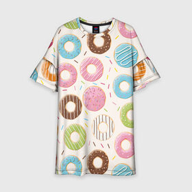 Детское платье 3D с принтом Пончики / Donuts в Санкт-Петербурге, 100% полиэстер | прямой силуэт, чуть расширенный к низу. Круглая горловина, на рукавах — воланы | bagel | cookies | donut | pastry | pie | ring | бублик | выпечка | колечко | печенье | пирожок | пончик