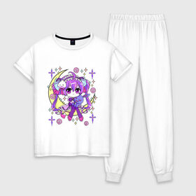 Женская пижама хлопок с принтом Cute Chibi Kawaii в Санкт-Петербурге, 100% хлопок | брюки и футболка прямого кроя, без карманов, на брюках мягкая резинка на поясе и по низу штанин | Тематика изображения на принте: anime | chibi | cute | devil | girls | goth | kawaii | loli | made | manga | pastel | skull | star | аниме | бантики | гот | готик | готичная | девочка | девушка | доли | звезды | каваи | кавай | луна | манга | месяц | милая | мишка | плюшевый