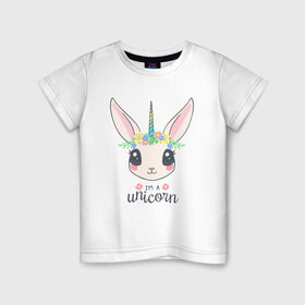 Детская футболка хлопок с принтом Кролик-единорог в Санкт-Петербурге, 100% хлопок | круглый вырез горловины, полуприлегающий силуэт, длина до линии бедер | Тематика изображения на принте: animals | bunny | unicorn | единорог | животные | кролик