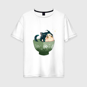 Женская футболка хлопок Oversize с принтом Котик Сяо в Санкт-Петербурге, 100% хлопок | свободный крой, круглый ворот, спущенный рукав, длина до линии бедер
 | арт | кружка | кружка чая | милый парень | неко | рисунок | сяо | чашка