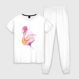Женская пижама хлопок с принтом Фламинго рисунок акварелью в Санкт-Петербурге, 100% хлопок | брюки и футболка прямого кроя, без карманов, на брюках мягкая резинка на поясе и по низу штанин | africa | afrika | aquarel | bird | fashion | flamingo | paint | painted | pink flamingo | summer | watercolor | watercolour | акварельный рисунок | африка | красками | краски | лето | мода | нарисованный фламинго | птица | розовый фламинго | 