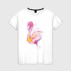 Женская футболка хлопок с принтом Фламинго рисунок акварелью в Санкт-Петербурге, 100% хлопок | прямой крой, круглый вырез горловины, длина до линии бедер, слегка спущенное плечо | africa | afrika | aquarel | bird | fashion | flamingo | paint | painted | pink flamingo | summer | watercolor | watercolour | акварельный рисунок | африка | красками | краски | лето | мода | нарисованный фламинго | птица | розовый фламинго | 