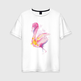 Женская футболка хлопок Oversize с принтом Фламинго рисунок акварелью в Санкт-Петербурге, 100% хлопок | свободный крой, круглый ворот, спущенный рукав, длина до линии бедер
 | africa | afrika | aquarel | bird | fashion | flamingo | paint | painted | pink flamingo | summer | watercolor | watercolour | акварельный рисунок | африка | красками | краски | лето | мода | нарисованный фламинго | птица | розовый фламинго | 