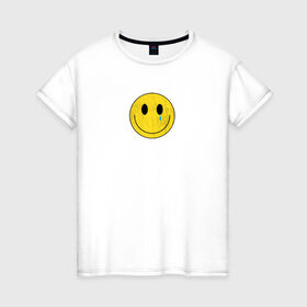 Женская футболка хлопок с принтом Скрывающий грусть в Санкт-Петербурге, 100% хлопок | прямой крой, круглый вырез горловины, длина до линии бедер, слегка спущенное плечо | sad | грусть | плачь | слеза | смайлик | чувства | эмодзи | эмоция