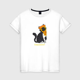 Женская футболка хлопок с принтом Забавный кот в Санкт-Петербурге, 100% хлопок | прямой крой, круглый вырез горловины, длина до линии бедер, слегка спущенное плечо | животные | кот | котенок | пицца | смешной кот