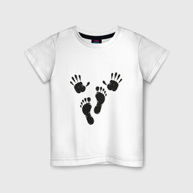 Детская футболка хлопок с принтом Руки-ноги в Санкт-Петербурге, 100% хлопок | круглый вырез горловины, полуприлегающий силуэт, длина до линии бедер | ноги | отпечатки | руки | руки ноги | черное лого | черные отпечатки | черный принт