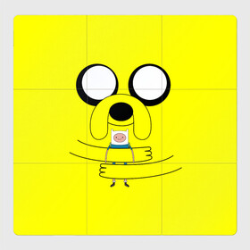 Магнитный плакат 3Х3 с принтом Время приключений собака Джейк в Санкт-Петербурге, Полимерный материал с магнитным слоем | 9 деталей размером 9*9 см | бульдог | время приключений | вымышленный персонаж | глаза | джейк | желтый | животное | мультфильм | объятье | персонаж | собака | финн | человечек