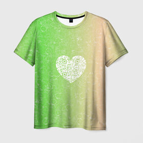 Мужская футболка 3D с принтом Сердечко АПВ 5ЗП в Санкт-Петербурге, 100% полиэфир | прямой крой, круглый вырез горловины, длина до линии бедер | qr код | амулет | антивирус | антидепрессант | антистресс | градиент | зеленый | иммуномодулятор | коллаж | оберег | персиковый | сердечко | талисман