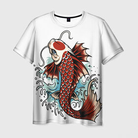 Мужская футболка 3D с принтом Карп Кои (Япония) в Санкт-Петербурге, 100% полиэфир | прямой крой, круглый вырез горловины, длина до линии бедер | fish | japan | koi | животные | иероглифы | карпы | кои | рыбы | цветы | япония