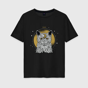 Женская футболка хлопок Oversize с принтом Лунный котик в Санкт-Петербурге, 100% хлопок | свободный крой, круглый ворот, спущенный рукав, длина до линии бедер
 | astro | cat | esoteric | kitten | kitty | moon cat | stars | taro | tarot | астро | астрология | гадалка | гадание | звезды | каббала | карта таро | карта таро с котом | кот | кот с луной | котенок | кошка | луна | нумерология