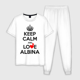 Мужская пижама хлопок с принтом Будь спок и люби Альбину в Санкт-Петербурге, 100% хлопок | брюки и футболка прямого кроя, без карманов, на брюках мягкая резинка на поясе и по низу штанин
 | Тематика изображения на принте: albina | hearts | keep calm and | love | альбина | любите | любовь | сердца | сохраняйте | спокойствие