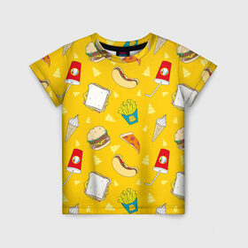 Детская футболка 3D с принтом Фастфуд в Санкт-Петербурге, 100% гипоаллергенный полиэфир | прямой крой, круглый вырез горловины, длина до линии бедер, чуть спущенное плечо, ткань немного тянется | бургеры | бутерброд | вредная еда | еда | мороженое | пицца | сок | фастфуд | хотдог