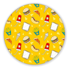 Коврик для мышки круглый с принтом Фастфуд в Санкт-Петербурге, резина и полиэстер | круглая форма, изображение наносится на всю лицевую часть | бургеры | бутерброд | вредная еда | еда | мороженое | пицца | сок | фастфуд | хотдог