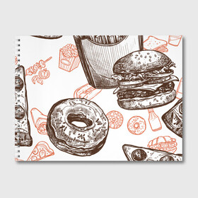 Альбом для рисования с принтом Вкусности в Санкт-Петербурге, 100% бумага
 | матовая бумага, плотность 200 мг. | Тематика изображения на принте: бургер | вкусности | еда | пончик | попкорн | фастфуд | хот дог
