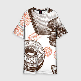 Детское платье 3D с принтом Вкусности в Санкт-Петербурге, 100% полиэстер | прямой силуэт, чуть расширенный к низу. Круглая горловина, на рукавах — воланы | Тематика изображения на принте: бургер | вкусности | еда | пончик | попкорн | фастфуд | хот дог